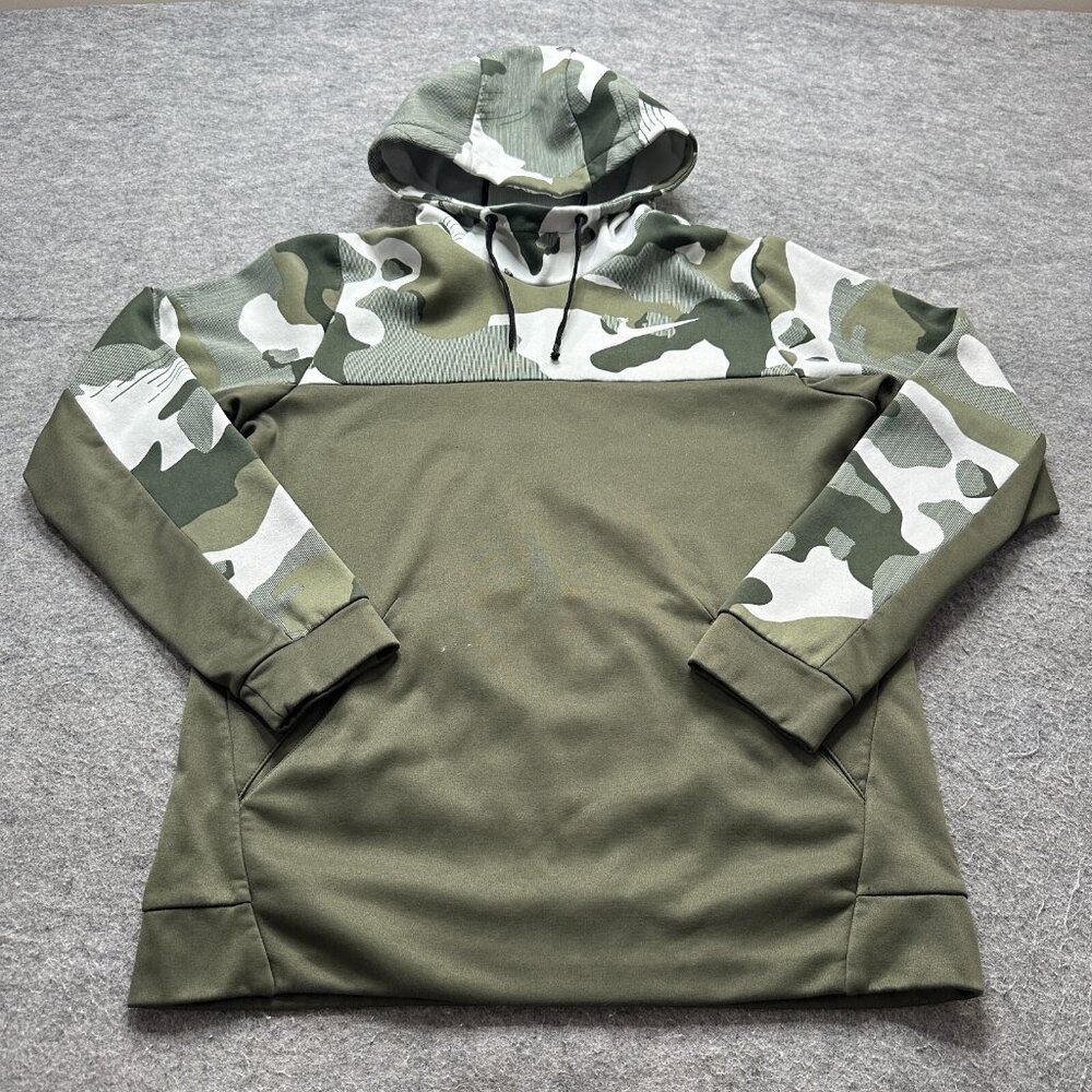 Nike Hoodie Men M Green White Camouflage Pullover Sweatshirt Fleece Training